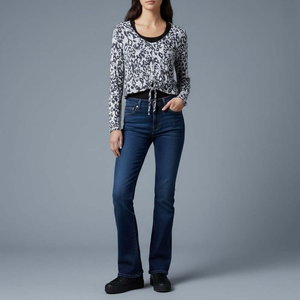 Cloth & Stone Anthropologie Gray Leopard Tie-Front Blouse Long Sleeve Small